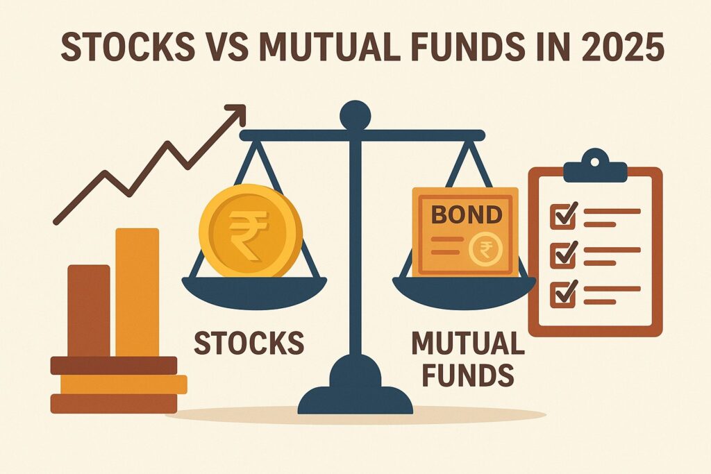 Comparison of Stock vs Mutual Funds in 2025 showing investment options, returns, and risk levels.